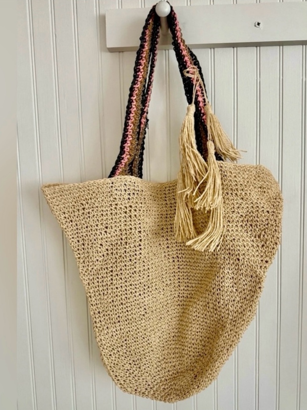 Haute Hippie Raffia Tote with Black and Pink Accents